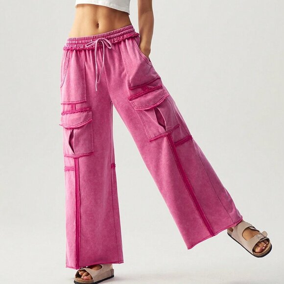 Hot Pink Casual Women's Vacation Knit Pocket Wide Leg Pants - Picture 1 of 7